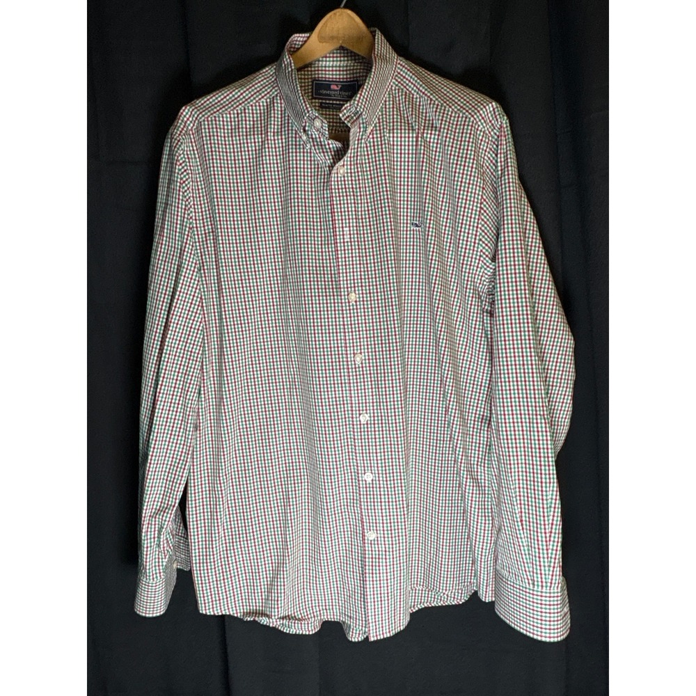 Vineyard Vines Mens XL Slim Fit Whale Shirt Gingham Red Green White Cotton L/S